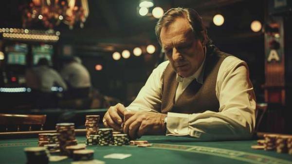 Пожилой мужчина за покерным столом с большим количеством фишек