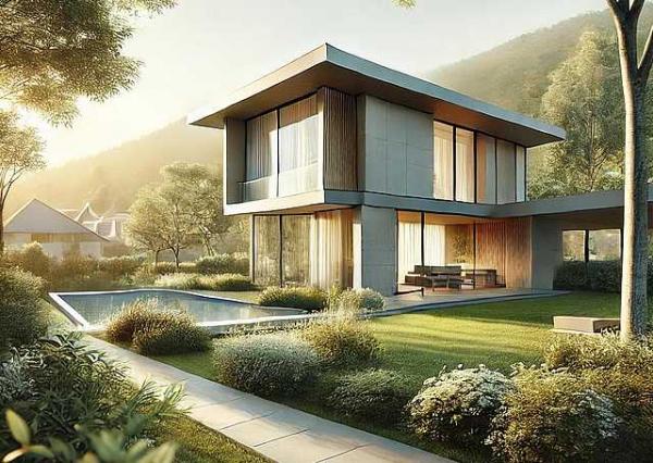 Спокойный современный дом с минималистичным дизайном, большими окнами и элементами из дерева, стекла и бетона, окруженный зеленью и мягким солнечным светом, создающим атмосферу гармонии и уюта. Спокойный современный дом с минималистичным дизайном, большими окнами и элементами из дерева, стекла и бетона, окруженный зеленью и мягким солнечным светом, создающим атмосферу гармонии и уюта.