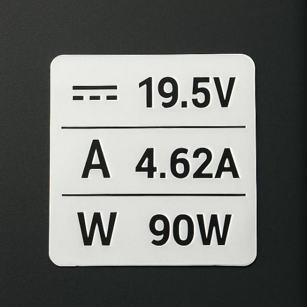 Информационная наклейка на блоке питания с указанием выходного напряжения силы тока и мощности