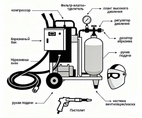 Схема основных компонентов пескоструйного аппарата