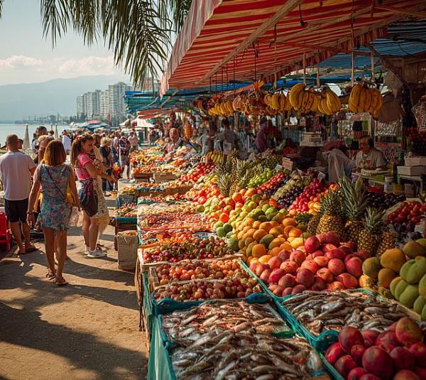 Питание в Сочи - рынок с фруктами и морепродуктами
