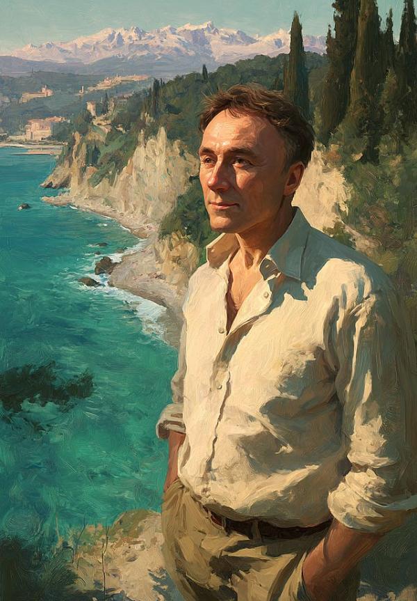 Дмитрий Козлов — реалистичный портрет автора в кэжуал одежде на фоне моря и гор Сочи