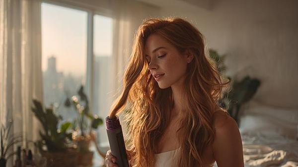 Женщина укладывает волосы Dyson Airwrap утром в квартире