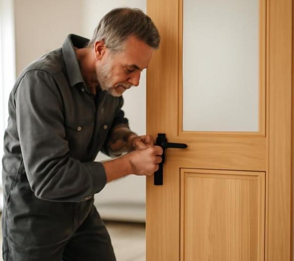 Специалист устанавливает межкомнатную дверь в квартире