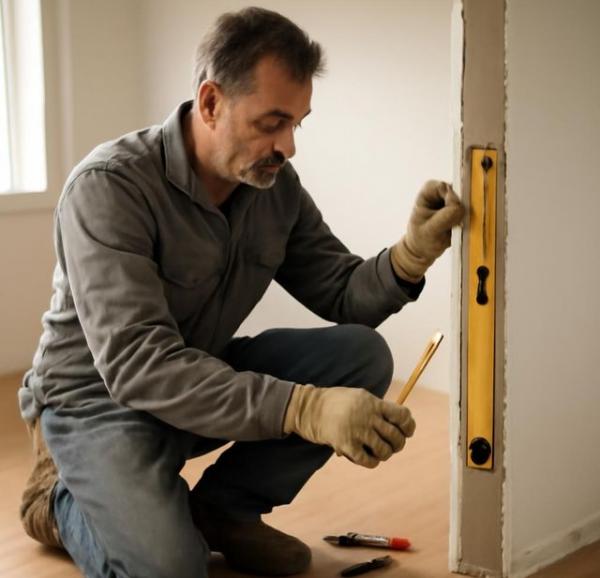 Мастер оценивает проем для установки межкомнатной двери