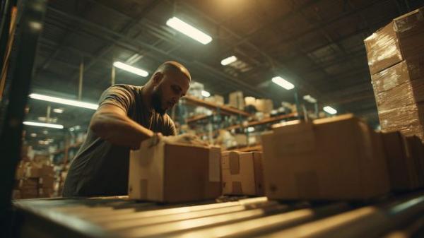 Стикеровщик наносит этикетки на посылки на складе