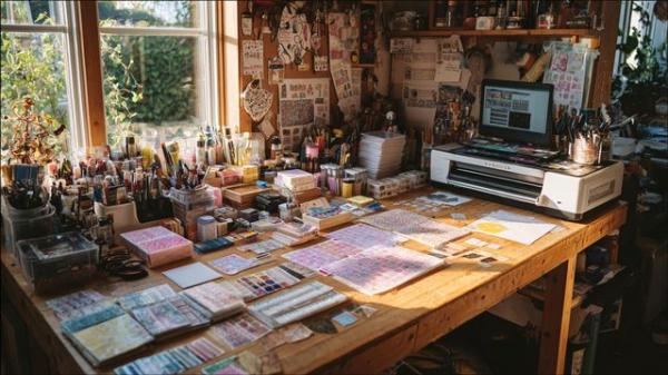 Рабочий стол стикеровщика с этикетками и оборудованием