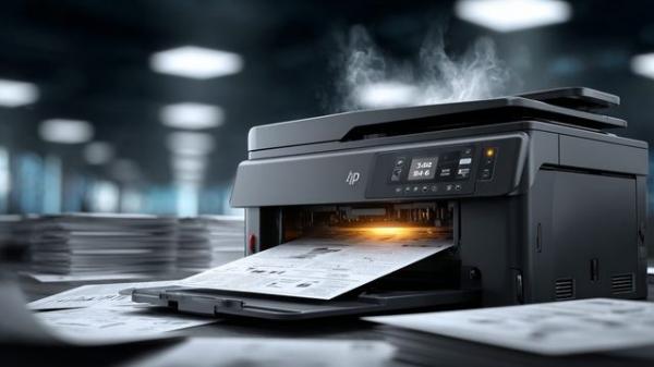 Офисный принтер с картриджем 85A во время интенсивной печати документов