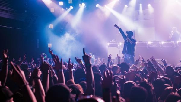 Рэпер на сцене под прожекторами перед ним толпа с поднятыми руками на концерте