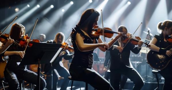 Скрипачи и гитаристка выступают на сцене под яркими лучами света