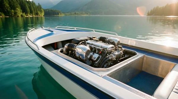 Стационарный двигатель в корпусе катера на озере Стационарный двигатель в корпусе катера на озере