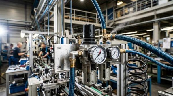 Пневматический редуктор в работе на заводской линии с манометром и подключенными трубами