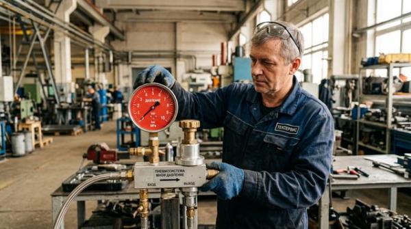 Инженер измеряет давление манометром на пневморедукторе в цеху