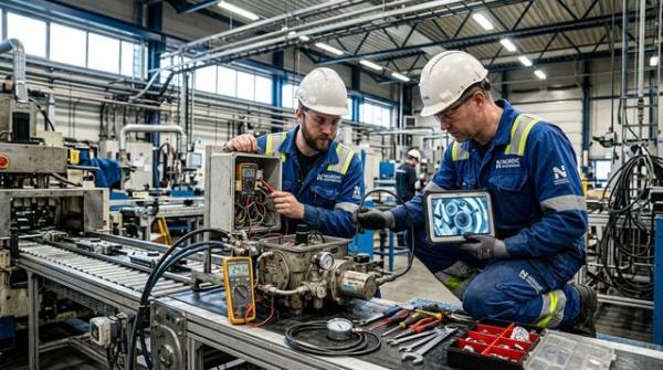 Инженеры диагностируют поломку пневморедуктора на промышленной линии с инструментами