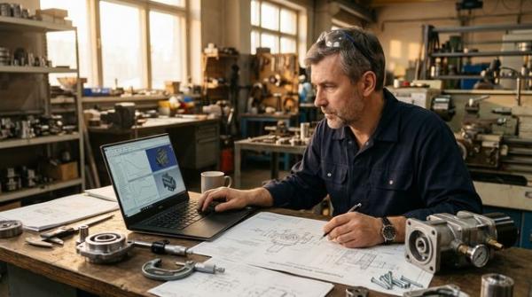 Инженер за рабочим столом анализирует чертежи и данные для выбора пневморедуктора