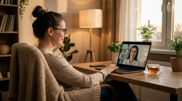 Женщина за компьютером на онлайн-консультации