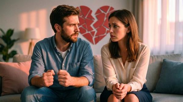 Иллюстрация сигналов сексуальных проблем - пара в раздумьях на фоне сердца