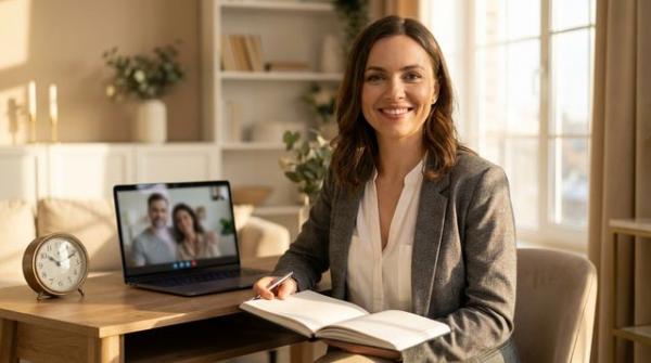 Сексолог даёт советы паре на онлайн-сессии иллюстрация с блокнотом и часами