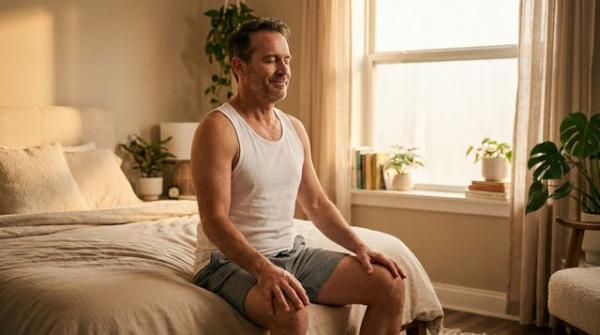 Человек выполняет упражнения Кегеля дома по совету сексолога