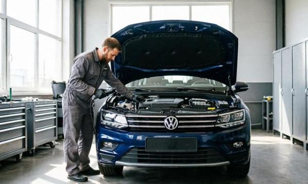 мастер осматривает двигатель Volkswagen Tiguan мастер осматривает двигатель Volkswagen Tiguan