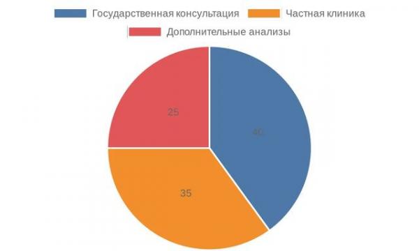 Круговая диаграмма типичного распределения расходов при гибридном наблюдении между государственной консультацией и частной клиникой Круговая диаграмма типичного распределения расходов при гибридном наблюдении между государственной консультацией и частной клиникой