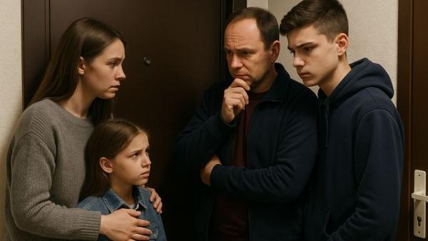 Семья обеспокоенная состоянием близкого человека ожидает нарколога у двери квартиры Семья обеспокоенная состоянием близкого человека ожидает нарколога у двери квартиры