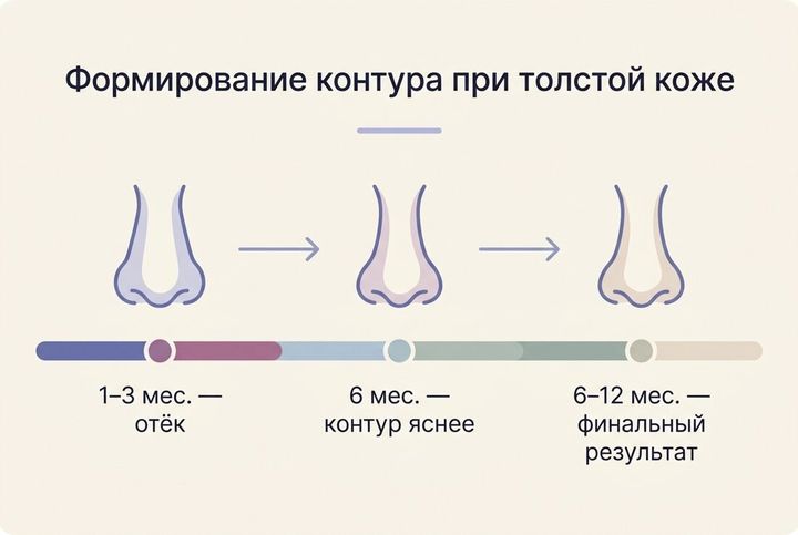Таймлайн формирования контура носа при толстой коже от отека к результату